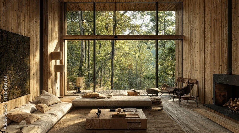 Serene minimalist interior design with earthy tones and scenic forest view from panoramic window in tranquil atmosphere Serene minimalist interior design with earthy tones and scenic forest view from panoramic window in tranquil atmosphere