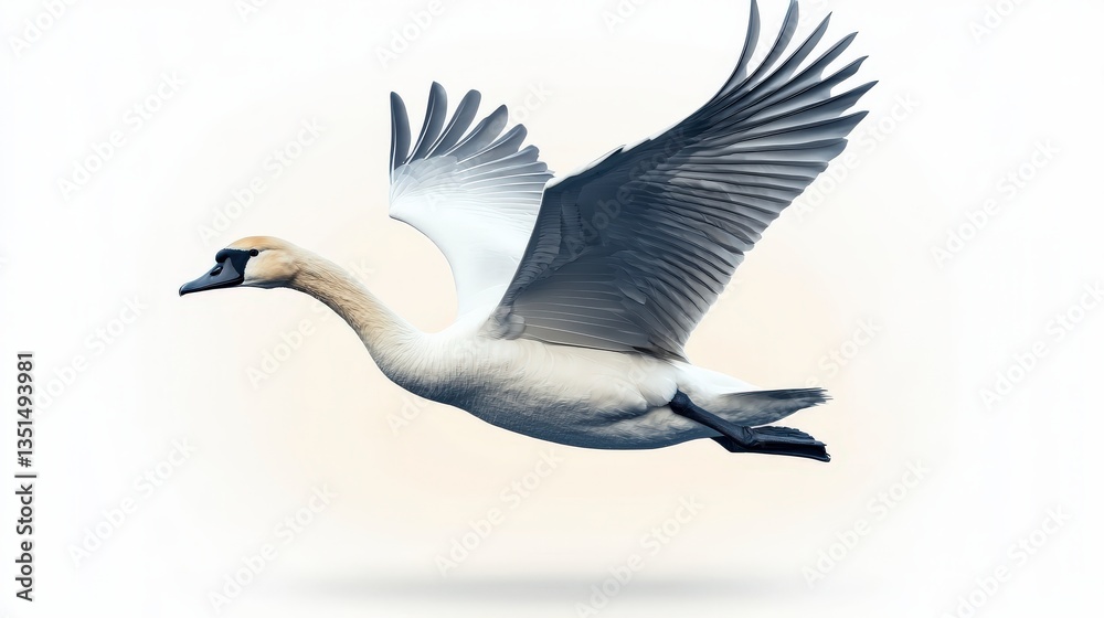 Fototapeta premium Majestic Swan in Flight with Outstretched Wings Against Soft Pale Background for Nature and Wildlife Representation