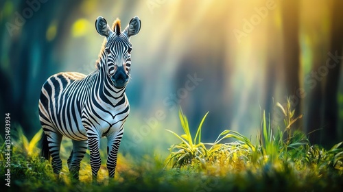 Zebra Standing Gracefully in Lush Green Grass Under Sunlight in a Serene Forest Environment