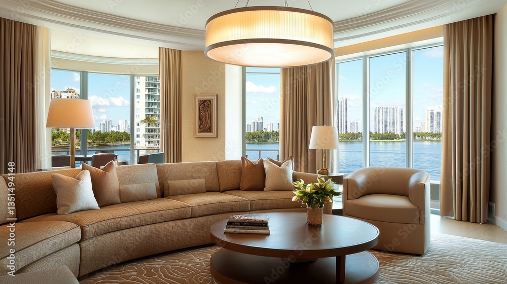 Fototapeta premium Cozy modern living room, sand colored walls, warm brown sofa, oval coffee table, hanging pendant lights, soft curtains, standard window, river view