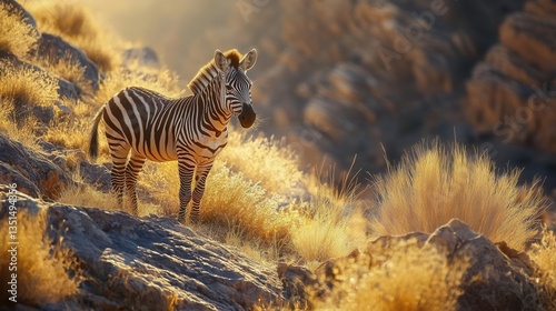 Zebra Standing Majestically Amidst Golden Grasslands and Rugged Mountains During Sunset