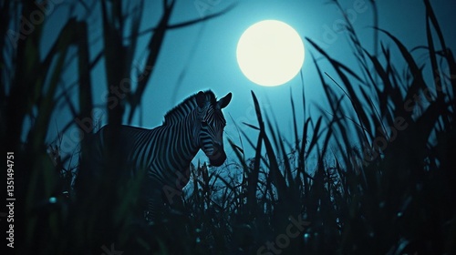 Zebra Silhouette Under Full Moonlight Surrounded by Tall Grass in a Serene Night Landscape
