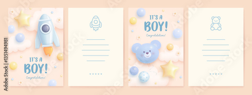 Set of baby shower greeting card or invitation with cartoon 3d rocket, teddy bear, clouds and helium balloons. Baby boy background. It's a boy. Vector illustration