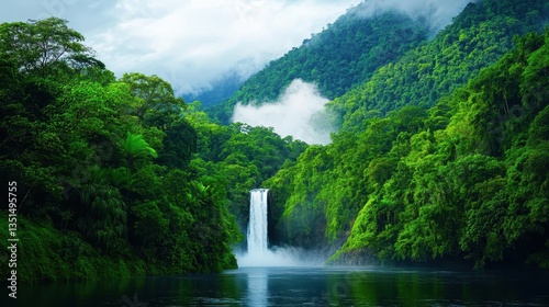 A waterfall is in the middle of a forest