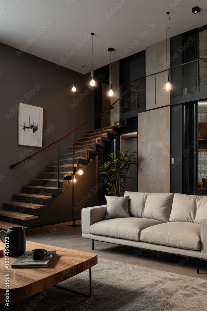 Fototapeta premium Modern living room with stairs and loft
