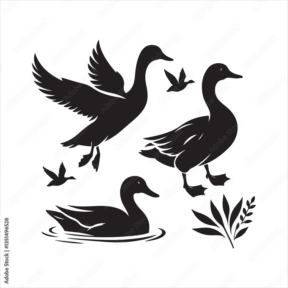 Obraz premium Duck and Duckling Silhouette: Waterfowl Icon for Nature, Wildlife, and Family Symbolism