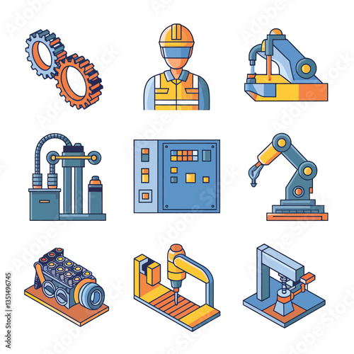 2d vector illustration colorful machine , worker and Industry and its development technology, factories and production lines icon
