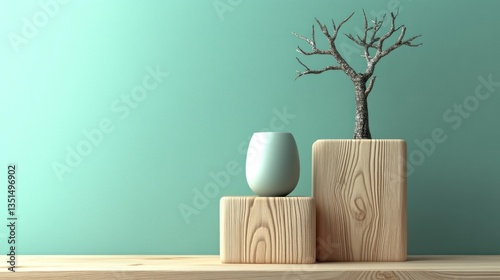 Muted teal backdrop, wooden podiums, vase, bonsai