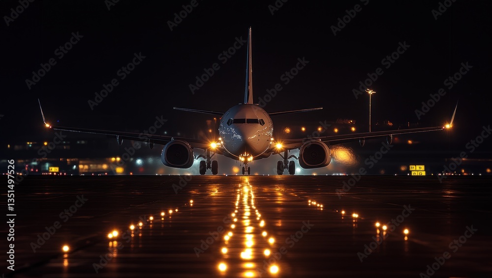 Obraz premium Airplane descends toward the runway at night, illuminated by runway lights and surrounded by airport infrastructure and glowing city lights