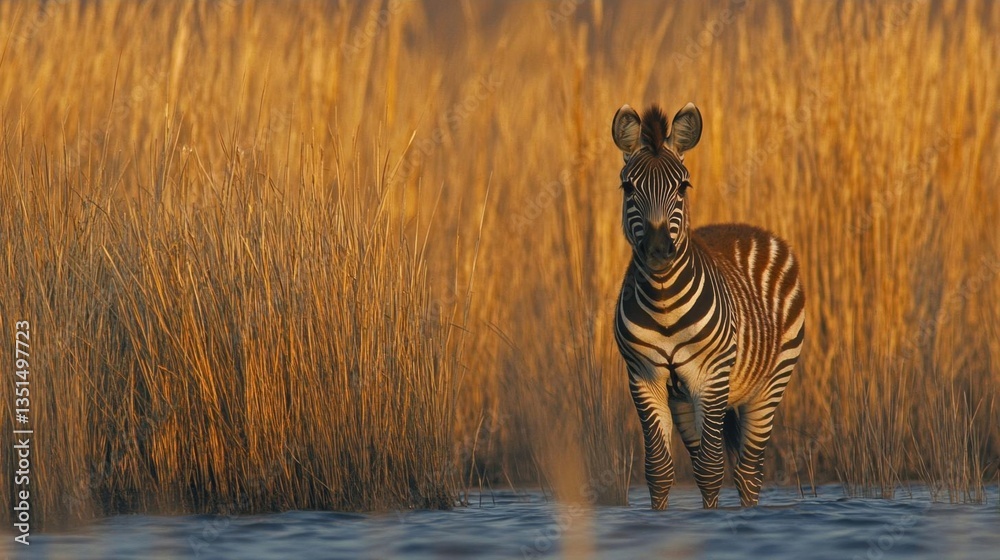 Fototapeta premium Zebra Standing Gracefully in Tall Grass During Golden Hour in an African Wildlife Landscape
