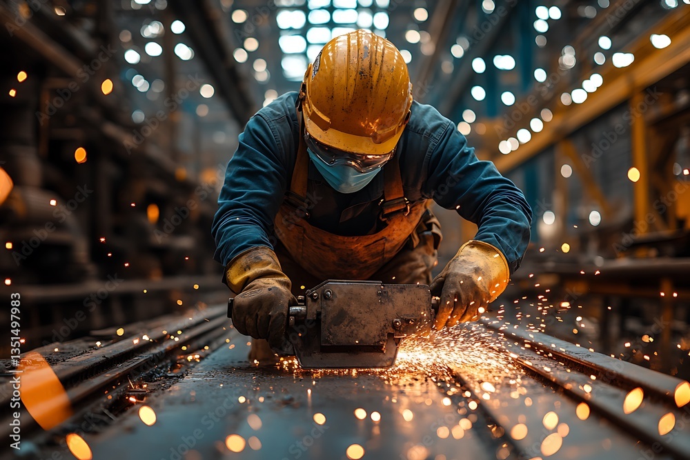 Grinding Metal Sparks Fly as Masked Man Works with Yellow Hard Hat & Protective Gear Grinding Metal Sparks Fly as Masked Man Works with Yellow Hard Hat & Protective Gear