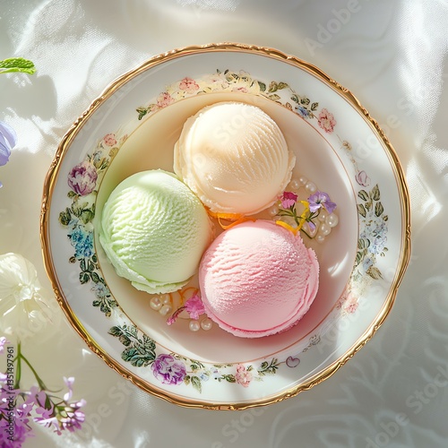 A delightful arrangement of three ice cream scoops in pastel colors--pink, green, and yellow--served on an elegant floral plate, perfect for summer treats and desserts.