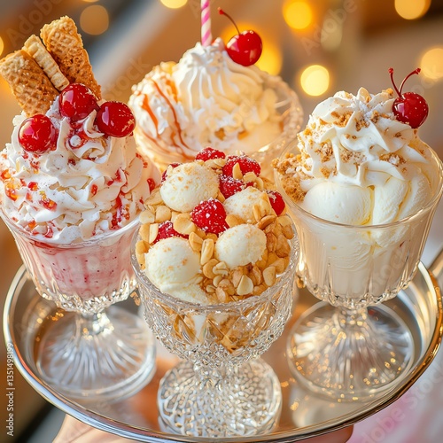Delightful ice cream sundaes served in elegant glass bowls, topped with cherries, whipped cream, and waffle cones, perfect for summer enjoyment and sweet indulgence.