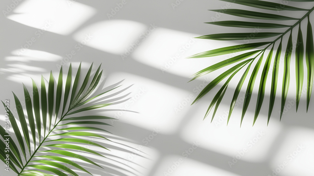Fototapeta premium Green palm leaves casting soft shadows on a white minimalist background