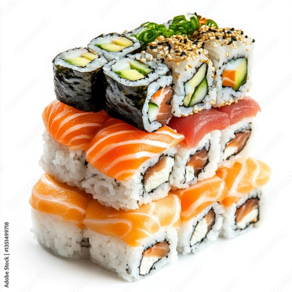 A Stack of Assorted Maki Rolls with Salmon, Tuna, and Avocado, Arranged Vertically on a White Background, Showcasing a Colorful and Diverse Japanese Dish. A Stack of Assorted Maki Rolls with Salmon, Tuna, and Avocado, Arranged Vertically on a White Background, Showcasing a Colorful and Diverse Japanese Dish.