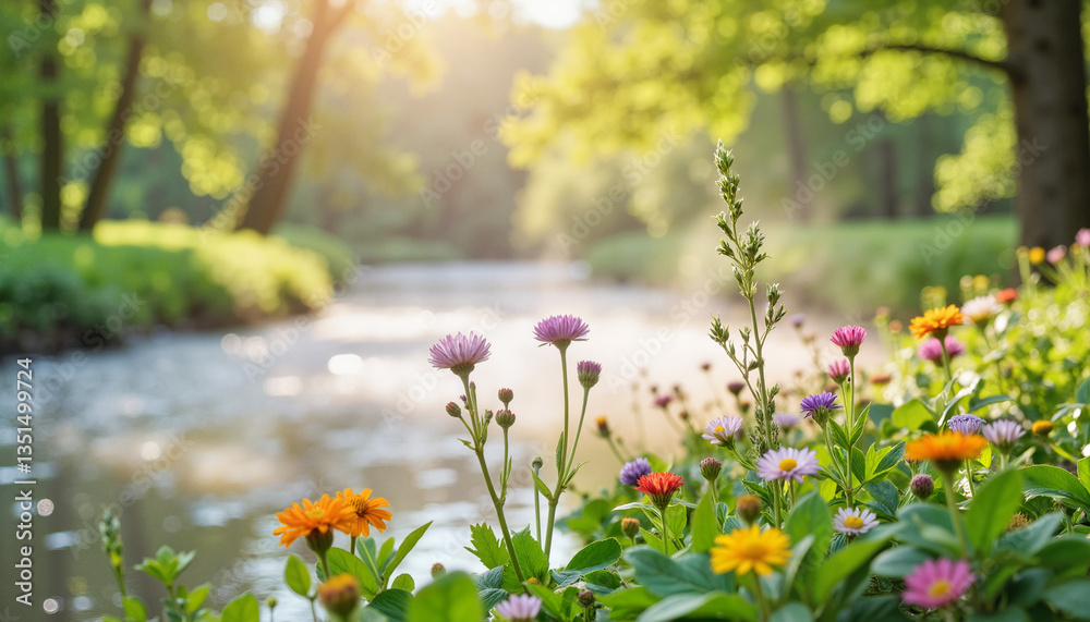 Fototapeta premium Colorful wildflowers by the river in a sunlit forest