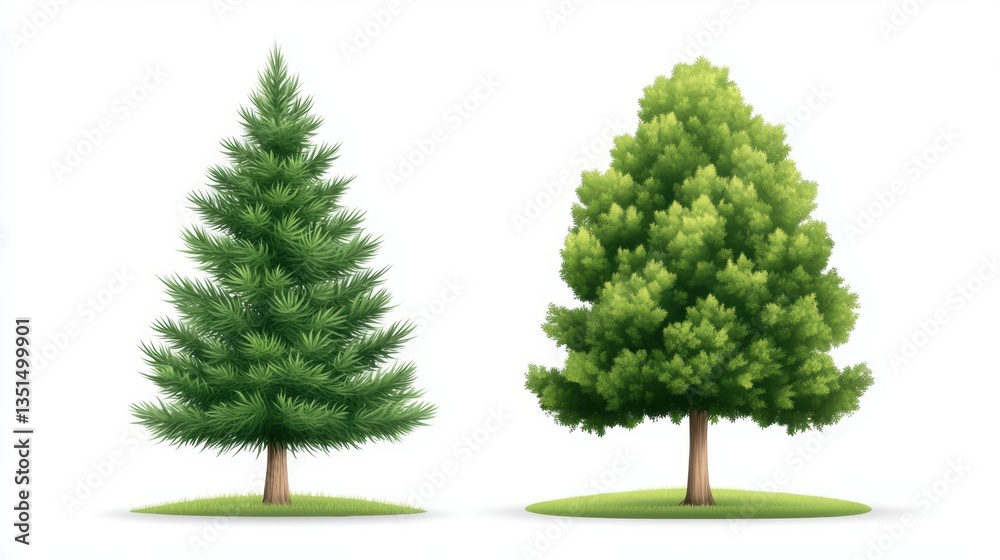 Lush Green Coniferous and Deciduous Trees on a Simple White Background for Nature-Themed Designs Lush Green Coniferous and Deciduous Trees on a Simple White Background for Nature-Themed Designs