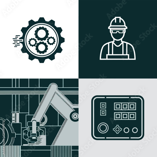2d vector illustration colorful machine , worker and Industry and its development technology, factories and production lines icon
