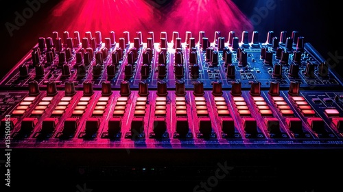 A vibrant stage awaits, its surface bathed in the pulsating light of red spotlights, casting an ethereal glow on a black backdrop. A stage manager's console sits silently, ready to usher the 