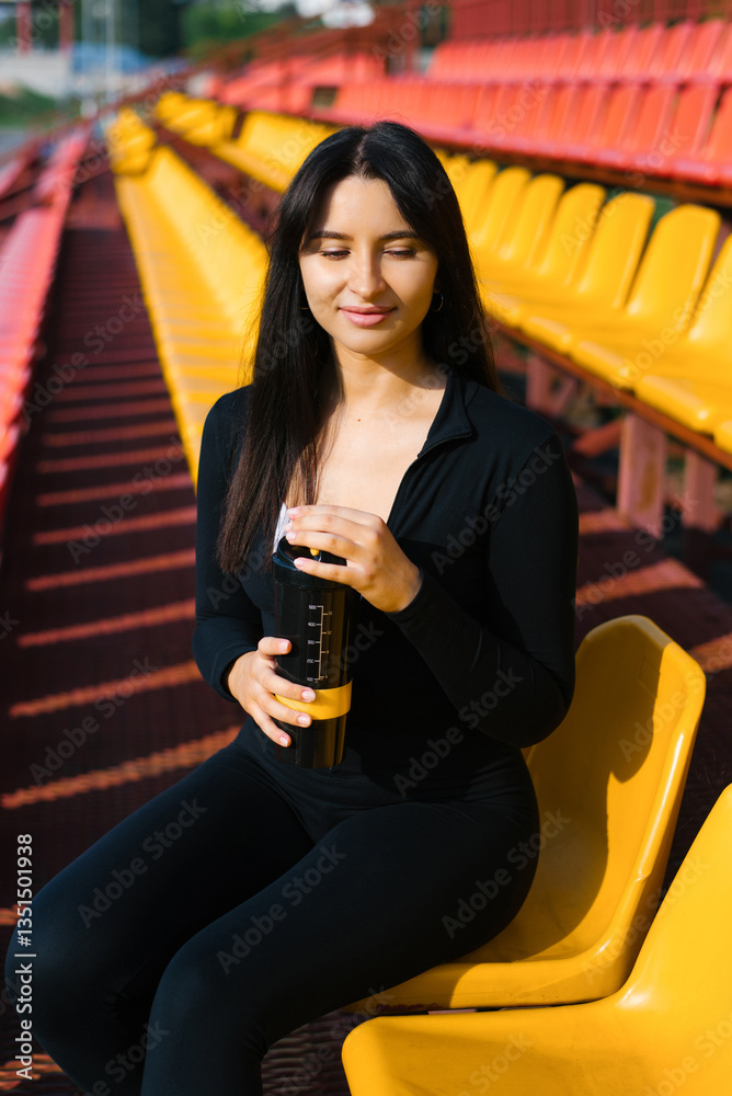 Smiling Woman Relaxing On Stadium Bench