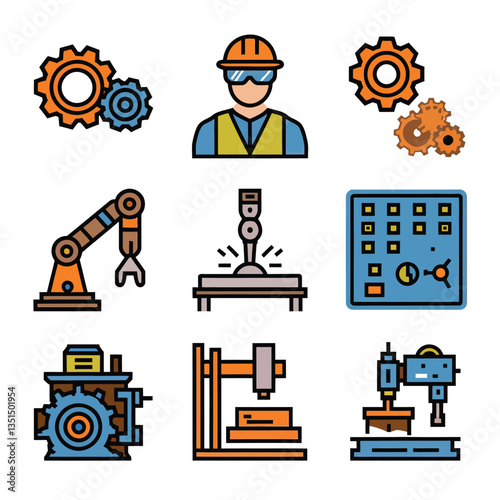 2d vector illustration colorful machine , worker and Industry and its development technology, factories and production lines icon
