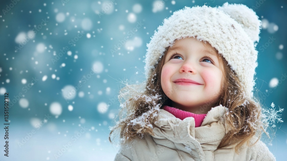 Smiling girl in winter coat enjoying snowfall, with snowflakes in the air Smiling girl in winter coat enjoying snowfall, with snowflakes in the air