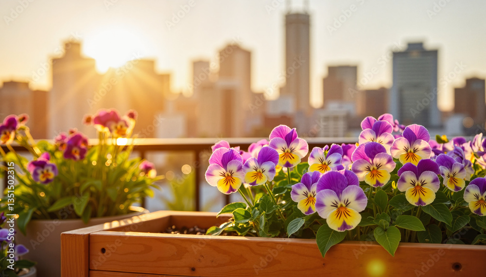 Fototapeta premium Colorful pansies blooming against a city skyline at sunset