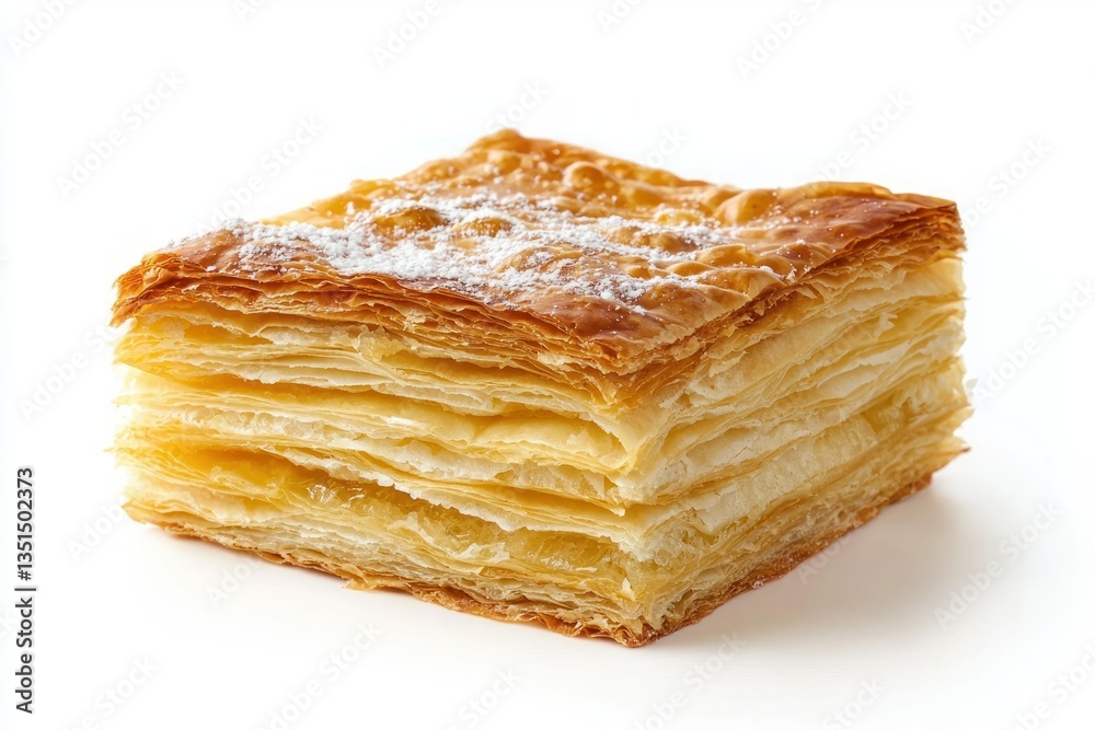 Delicious layered pastry with delicate crisp and dusting of powdered sugar on clean white background Delicious layered pastry with delicate crisp and dusting of powdered sugar on clean white background