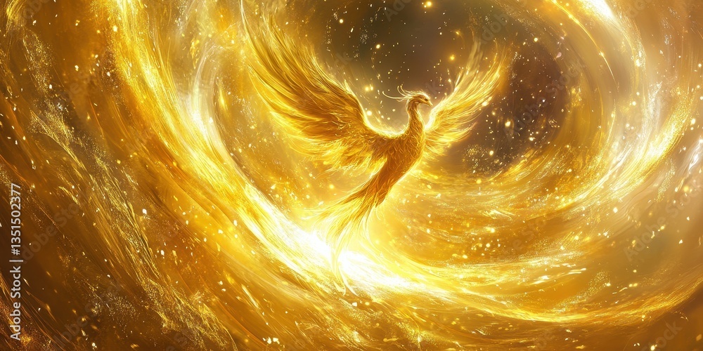 A majestic golden bird soaring through cosmic glowing energies