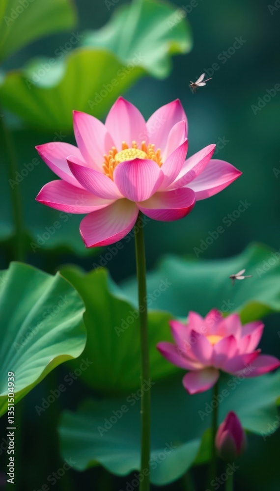 Serene pink lotus blossoms, dragonflies hover , plant, aquatic, calm