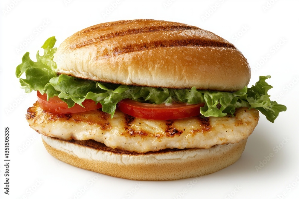 Appetizing Chicken Sandwich Delight Fresh Slice of Tomato and Lettuce on a Bun Isolated on White Tabletop Appetizing Chicken Sandwich Delight Fresh Slice of Tomato and Lettuce on a Bun Isolated on White Tabletop