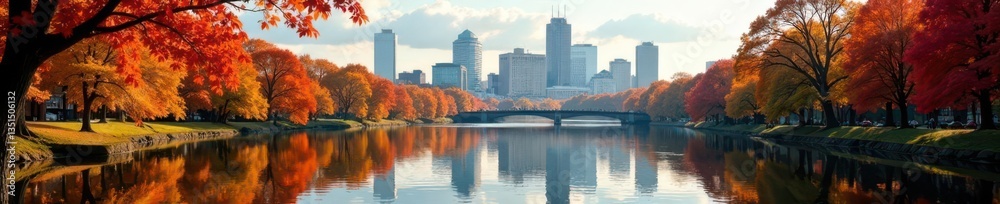 Obraz premium Vibrant autumn leaves, Charles River reflection, Boston skyline, crisp, beautiful, trees