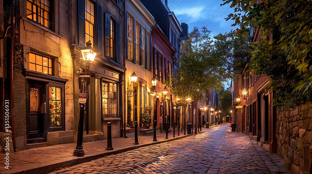 Fototapeta premium Charming Cobblestone Streetscape at Twilight, Illuminated by Vintage Lamps