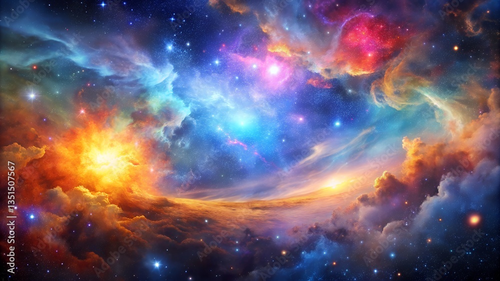 Naklejka premium Colorful space galaxy cloud nebula. Stary night cosmos. Universe science astronomy. Supernova background wallpaper, Stunning Starlit Universe – Supernova and Nebula 8K Wallpaper, 8k Desktop Wallpaper,
