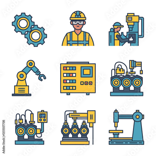 2d vector illustration colorful machine , worker and Industry and its development technology, factories and production lines icon
