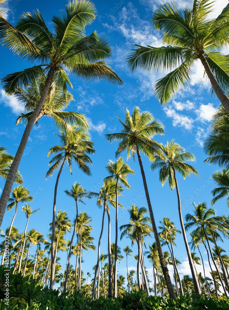 Palm Trees Against Blue Sky with White Clouds and Greenery Below Palm Trees Against Blue Sky with White Clouds and Greenery Below