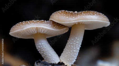 Close-up of two mushrooms.  Mature fungi with light brown caps and white stems.  Delicate, textured caps with small brown spots.  Fine details of the stem's surface photo