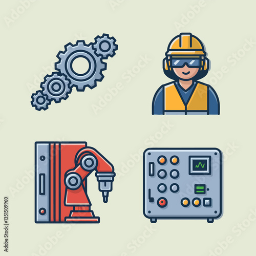 2d vector illustration colorful machine , worker and Industry and its development technology, factories and production lines icon

