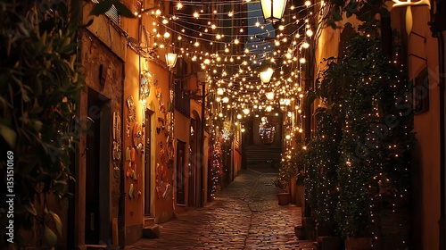 Charming illuminated street, with warm fairy lights creating a cozy atmosphere
