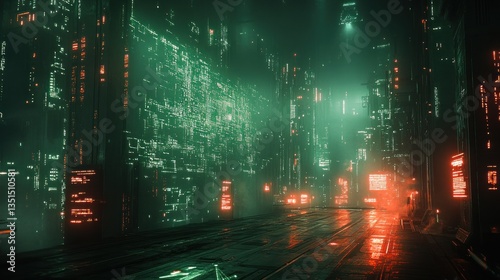 Neon-lit cyberpunk alleyway with glowing code displays