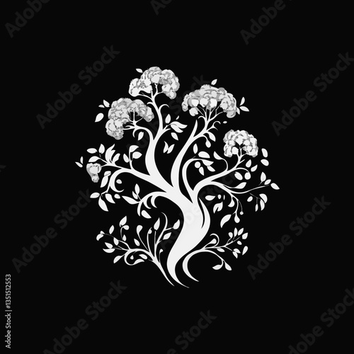 Stylized cauliflower design in a modern style, made in white on a black background