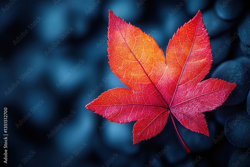 Vibrant autumn leaf on dark stones, serene background Vibrant autumn leaf on dark stones, serene background