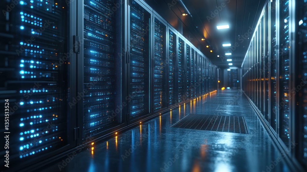 Server room corridor with glowing servers, data processing Server room corridor with glowing servers, data processing
