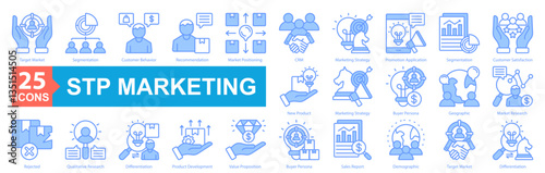 STP Marketing icon sheet vector concept with target market, segmentation, customer behavior, recommendation, market positioning, crm, marketing strategy, promotion application, segmentation, customer