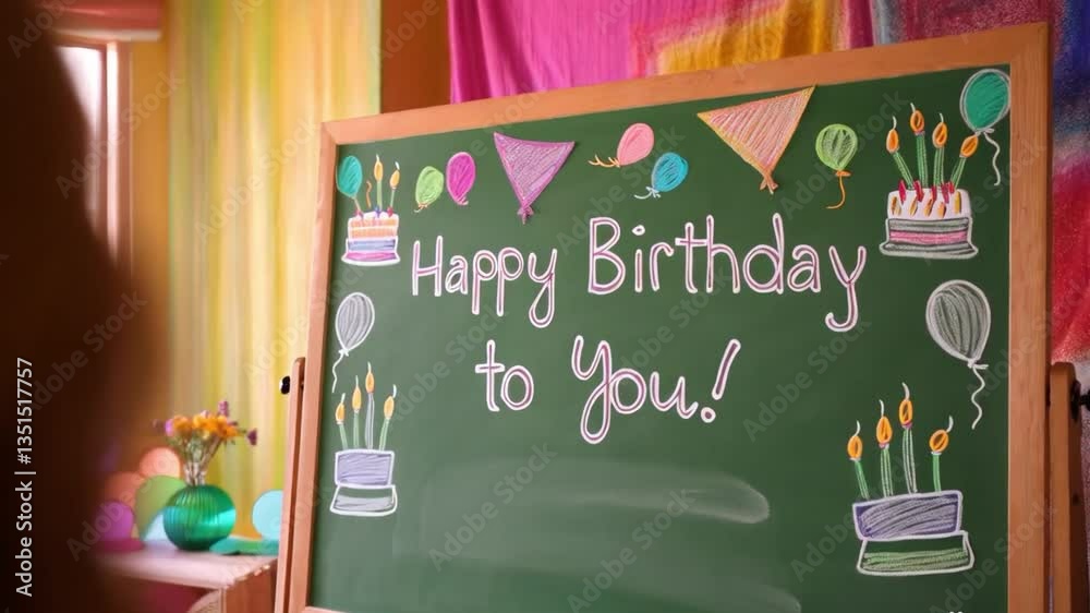 Happy birthday message in pastel green chalk on a classroom-style chalkboard, decorated with doodles of cakes, balloons, and flags. Warm and festive atmosphere