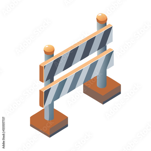Isometric road barricade with striped warning sign