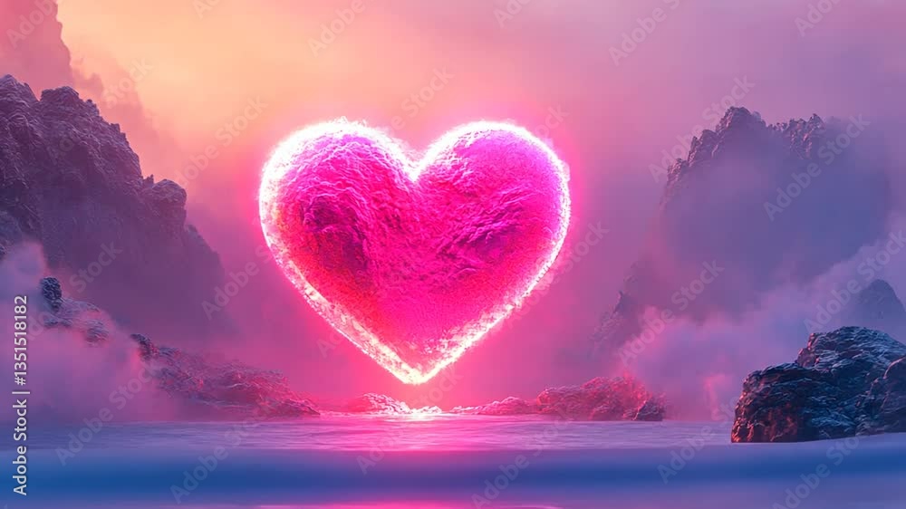 Neon Heart Floating Above Water with Mountains: A Symbol of Love and Romance