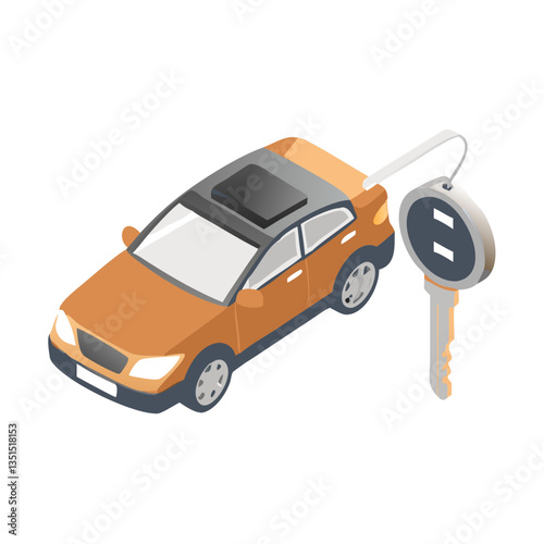 Isometric orange car with car key beside it