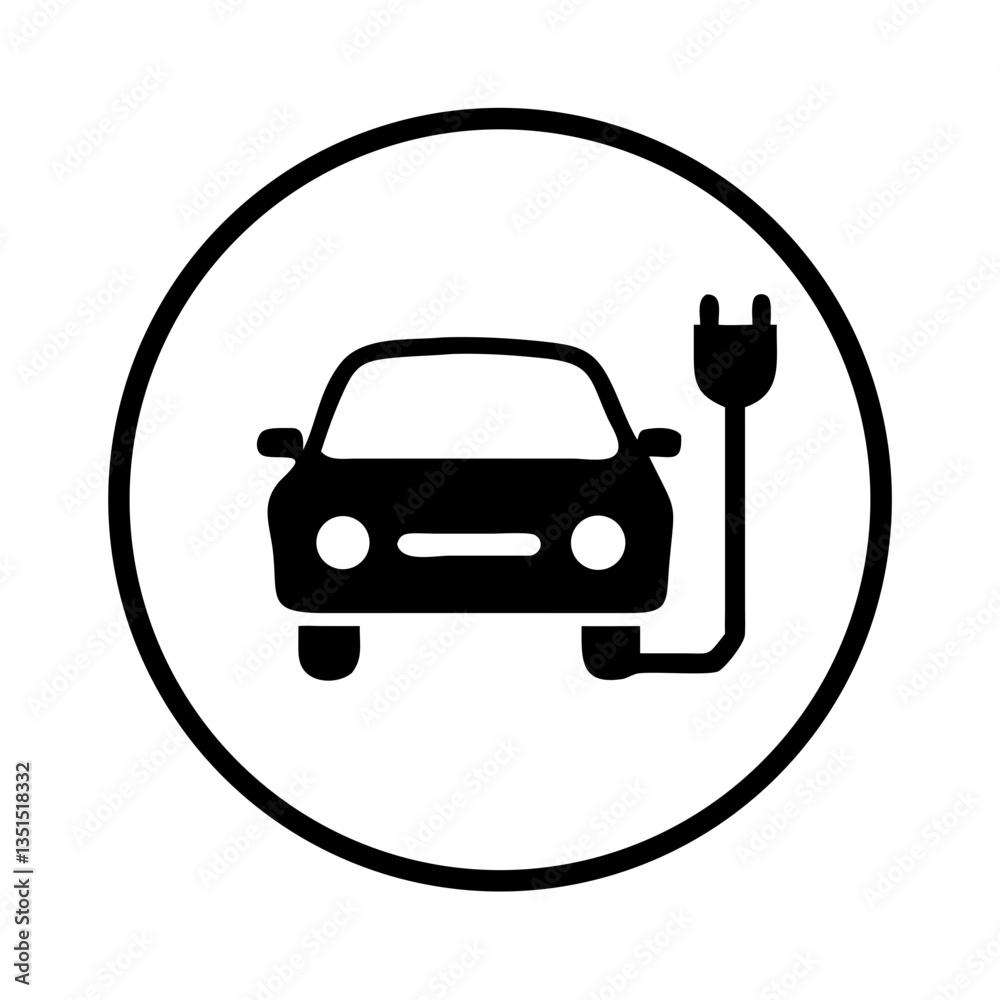 Circular icon of electric car with plug outline Circular icon of electric car with plug outline