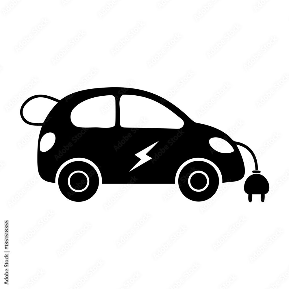 Obraz premium Black electric car with charging cable icon